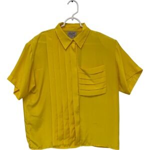 Laura Scott Button Up CEO Blouse Womens 14 Yellow‎ Pleated Pocket Vintage